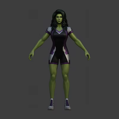 Game And Movie Character She-Hulk With Green Skin Black Purple Short Sleeves Shorts Outfit 3d model