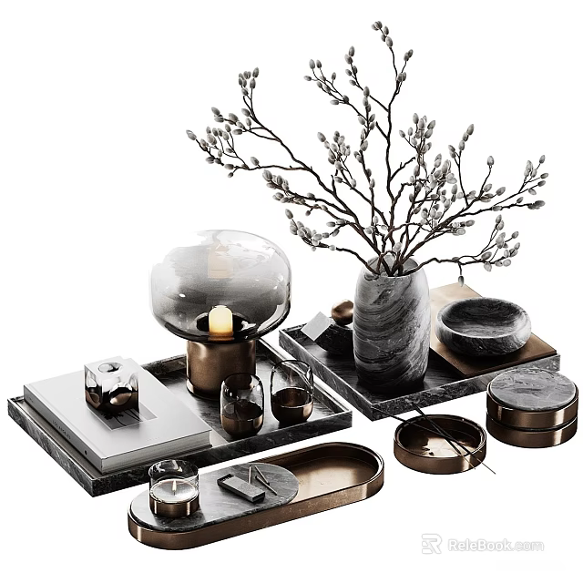 Modern Decorative Ornament Set With Marble Vase Twigs Candle And Metal Trays 3d model 