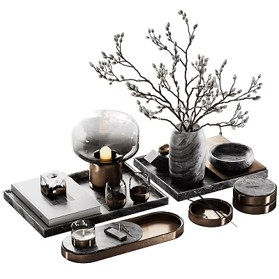 Modern Decorative Ornament Set With Marble Vase Twigs Candle And Metal Trays 3d model