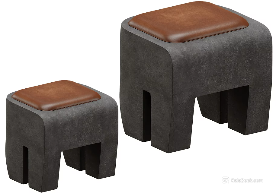 Modern Stools in Two Different Sizes Featuring Brown Leather Seats and Gray Frames 3d model 