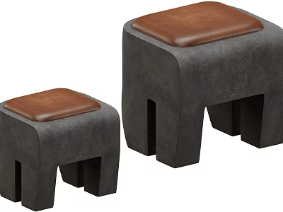 Modern Stools in Two Different Sizes Featuring Brown Leather Seats and Gray Frames 3d model