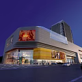 Modern High Rise Commercial Complex with Glass Facade Retail Area and Sunset Sky View