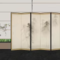 Traditional Ink Painting Room Divider with Wooden Frame and Decorative Vase in Modern Interior Space
