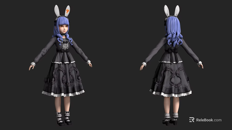 Anime Style Game Character With Purple Long Hair Rabbit Ear Accessory And Black Lace Dress 3d model 