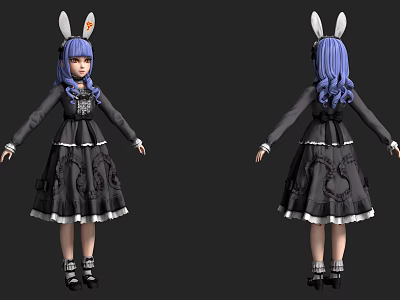 Anime Style Game Character With Purple Long Hair Rabbit Ear Accessory And Black Lace Dress 3d model