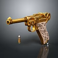 Golden Pistol With Intricate Engraved Patterns And Single Bullet 3d model