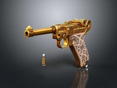 Golden Pistol With Intricate Engraved Patterns And Single Bullet 3d model