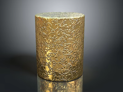 Golden Cylindrical Decorative Daily Use Item Featuring Intricate Floral Patterns Design 3d model