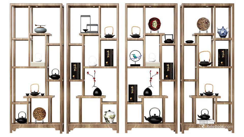 Chinese Style Wooden Antique Display Shelf With Decorative Teapots Vases And Artifacts 3d model 