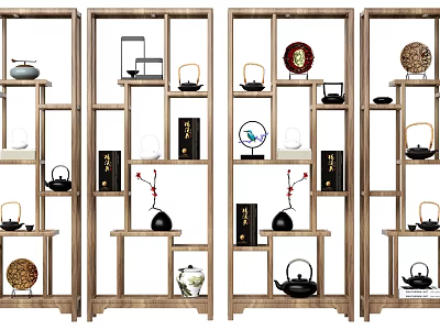 Chinese Style Wooden Antique Display Shelf With Decorative Teapots Vases And Artifacts 3d model