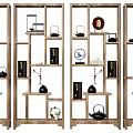 Chinese Style Wooden Antique Display Shelf With Decorative Teapots Vases And Artifacts