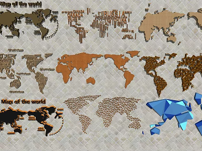 Creative World Map Wall Decor With Various Geometric Shapes And Textured Patterns 3d model