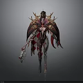 Fantasy Woman in Elaborate Red and Gold Costume With Crown and Wing Like Structures