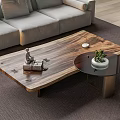 Natural Solid Wood Coffee Table With Sculpture Potted Plant Candle Book And Grey Sofa Rug