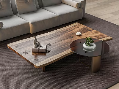 Natural Solid Wood Coffee Table With Sculpture Potted Plant Candle Book And Grey Sofa Rug 3d model