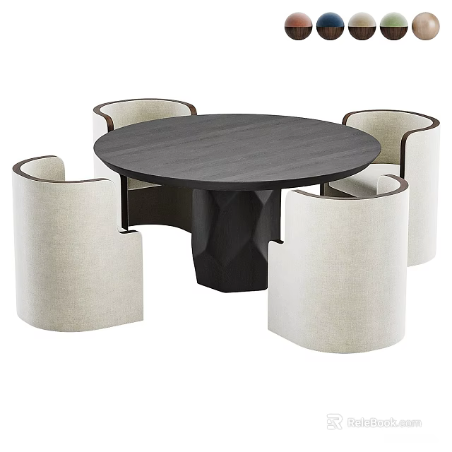 Round Dark Wooden Dining Table Set With Light Upholstered Cylindrical Four Chairs 3d model