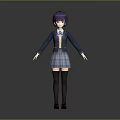 Anime Game Character With Purple Hair Blue Blazer Plaid Skirt And Black Stockings