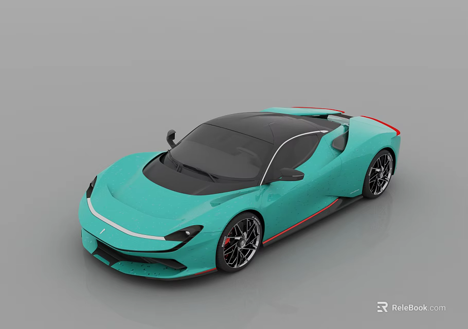 Turquoise Sports Car With Black Roof Red Accents Black Wheels And Modern Design 3d model 