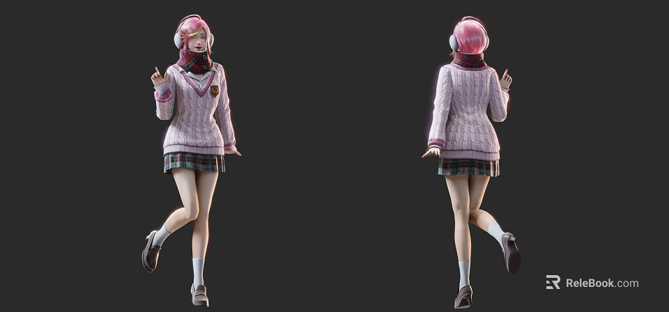 Anime Style Girl Character With Pink Hair And School Uniform Outfit 3d model 