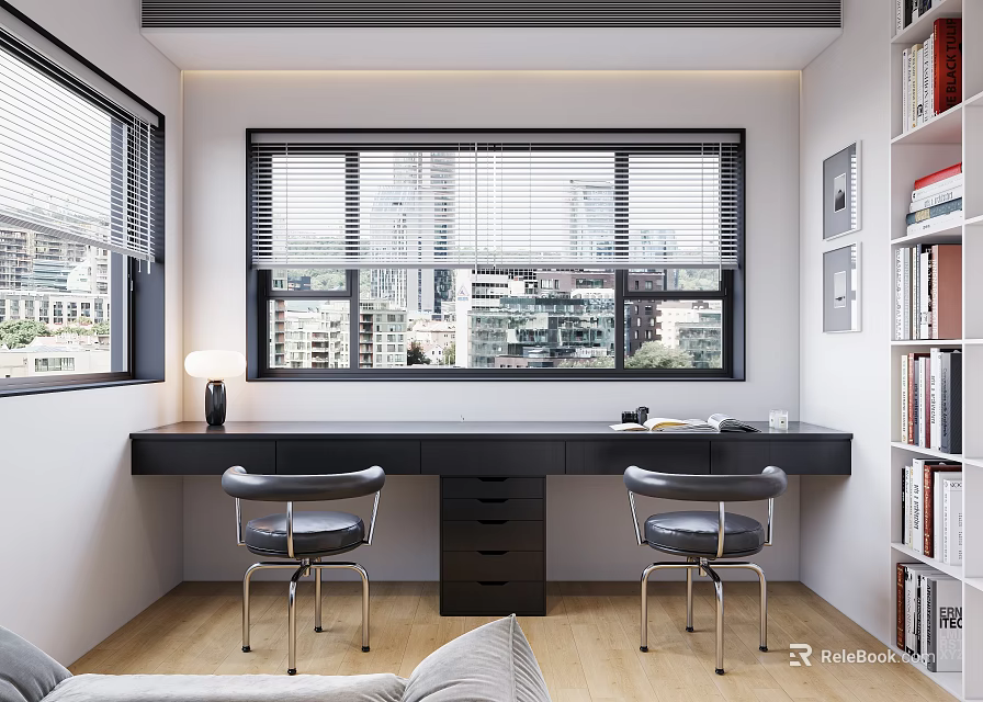 Modern Study Room Interior With Large Windows City View Black Desk And Chairs 3d model