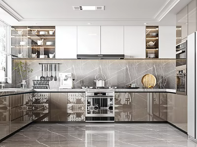 Modern Kitchen Interior With Marble Countertop Cabinets And Stainless Steel Appliances 3d model