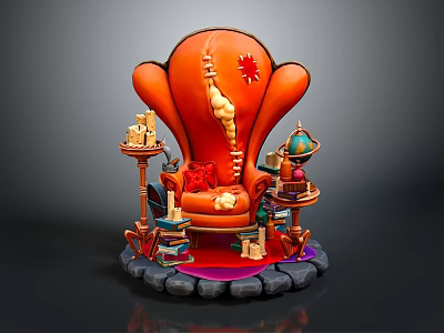 Orange Armchair with Red Cushion Books Globe Lamp and Decorative Stone Base 3d model