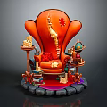 Orange Armchair with Red Cushion Books Globe Lamp and Decorative Stone Base