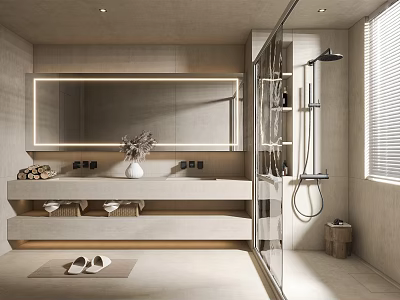 Modern Bathroom Interior Design With Large Mirror Double Vanity Vase Glass Shower And Blinds 3d model
