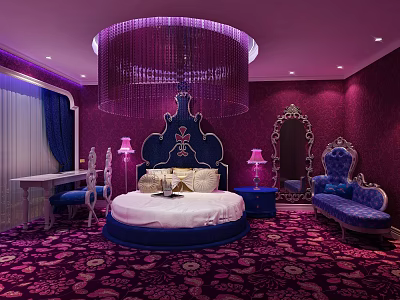 Luxurious Hotel Room With Round Bed Purple Walls Crystal Chandelier And Blue Furniture 3d model