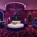 Luxurious Hotel Room With Round Bed Purple Walls Crystal Chandelier And Blue Furniture