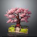 Decorative Pink Flowering Tree with Small Red Pavilion Stone Path and Green Grass Base