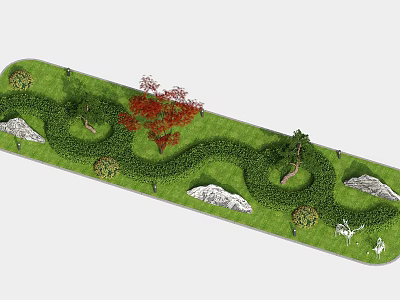 Curved Shrubs In Landscape Design With Green Grass Red Trees And White Stones 3d model