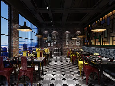 Industrial Style Restaurant Interior With Brick Walls Large Windows Colorful Chairs And Checkered Floor 3d model