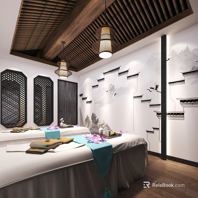 Zen Inspired SPA Sauna Room With Massage Beds Towels Flower Petals And Wooden Ceiling 3d model 