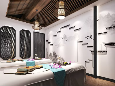 Zen Inspired SPA Sauna Room With Massage Beds Towels Flower Petals And Wooden Ceiling 3d model