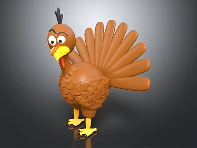 Cartoon Turkey Character With Brown Feathers Spread Tail Black Head And Yellow Feet 3d model