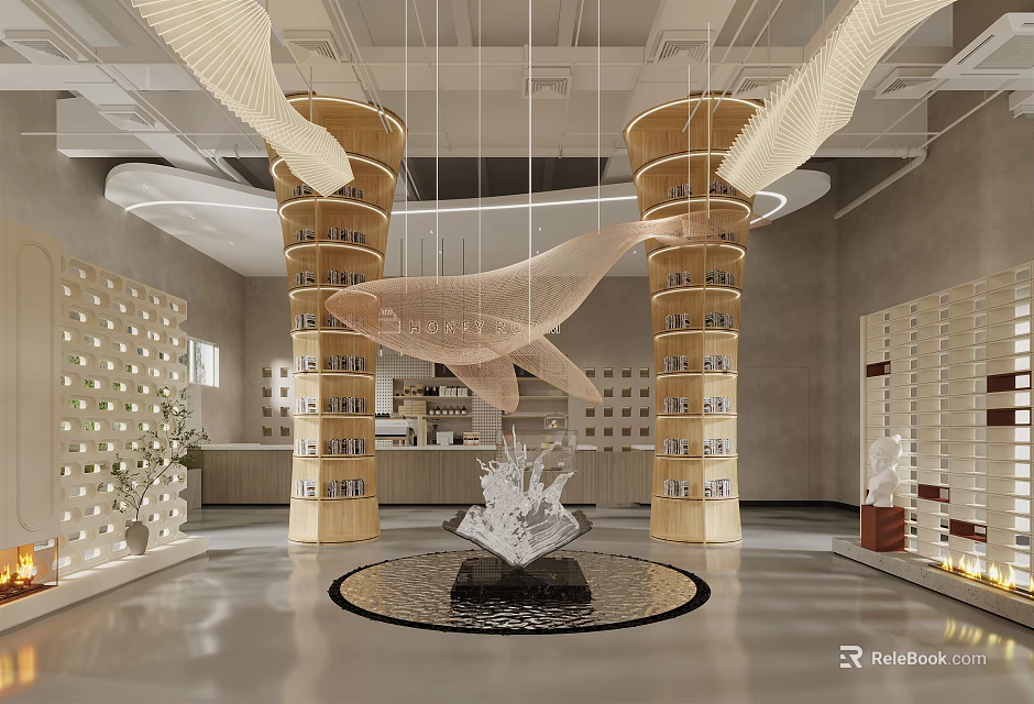 Book Art Library Space With Spiral Bookshelves Central Sculpture And Hanging Decor 3d model 