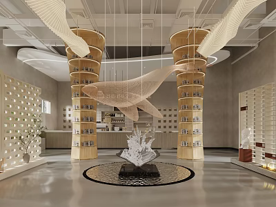 Book Art Library Space With Spiral Bookshelves Central Sculpture And Hanging Decor 3d model