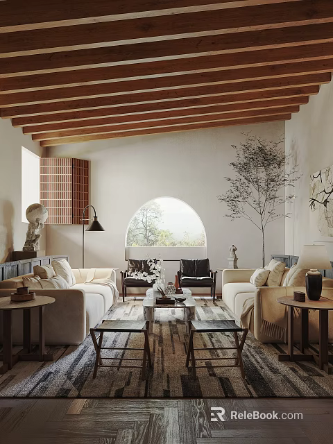 Modern Living Room Interior Design With Comfortable Sofa Coffee Table And Decorative Plants 3d model 