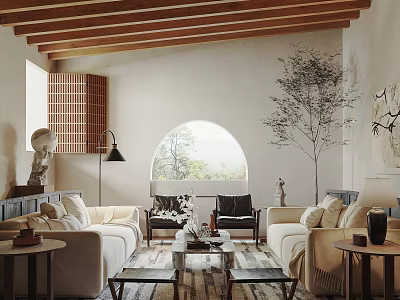 Modern Living Room Interior Design With Comfortable Sofa Coffee Table And Decorative Plants 3d model