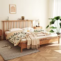 Wooden Double Bed Interior With Slatted Headboard White Pillows Floral Blanket And Bedside Tables