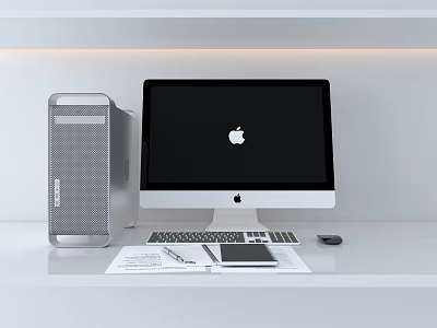 Modern Apple Desktop Workstation With Monitor Tower Keyboard Mouse And Desk Items 3d model