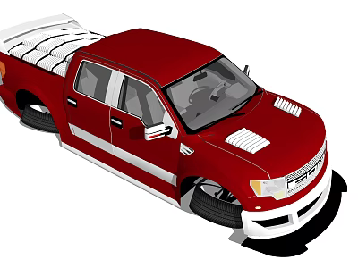 Red Sporty Pickup Truck With White Stripes And Hood Vents Crew Cab Design 3d model