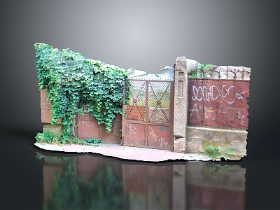 Ivy Covered Rusted Iron Entrance Gate With Brick Wall And SONICAS Graffiti 3d model