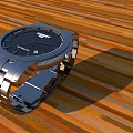 TISSOT Silver Watch With Black Dial Silver Strap On Wooden Floor Featuring Orange Brown Stripes