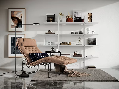 Brown Lounge Chair With Polka Dot Pillow In Modern Interior With Shelves And Floor Lamp 3d model