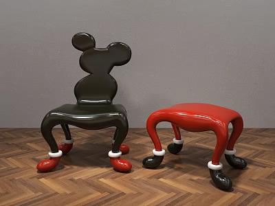 Mickey Shaped Black And Red Leisure Chairs With White Decorated Legs On Wooden Floor 3d model