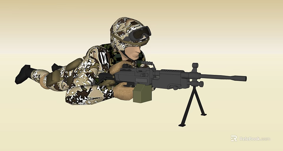 Game Movie Military Character In Camouflage Uniform Helmet Goggles Lying Prone With Tripod Rifle 3d model 