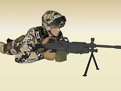 Game Movie Military Character In Camouflage Uniform Helmet Goggles Lying Prone With Tripod Rifle 3d model