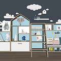 Kids Room Decorative Shelving Unit With Cloud House Shaped Decorative Items And Pastel Storage